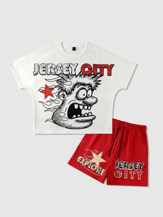 Street Life Conjunto de camiseta de manga corta casual con cuello redondo y estampado de letras y dibujos animados, talla grande pantalón corto con cordón en la cintura para hombre