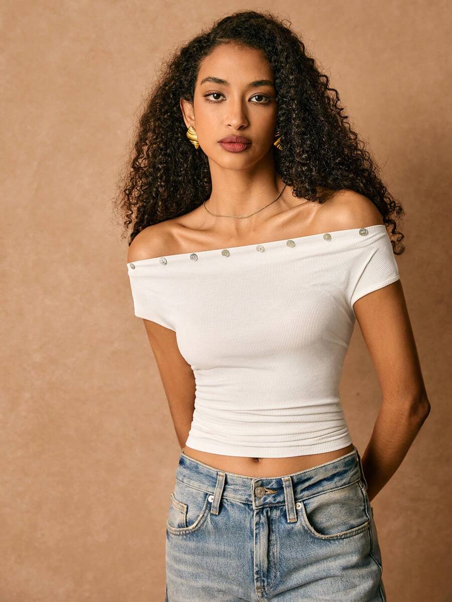 Poéselle Women's Elegant White Off Shoulder Pleated Slim Fit Casual Blouse,Summer Brunch One-Line Shoulder Top,Button Decoration Comfortable Breathable T-Shirt - White - View 1
