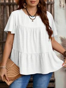 EMERY ROSE Blus Longgar Lengan Pendek Berkerut Leher Bulat Warna Polos untuk Wanita Ukuran Besar, Gaya Boho untuk Wanita/Musim Panas, Pakaian Barat Wanita, Pakaian Liburan Wanita - Putih - View 4