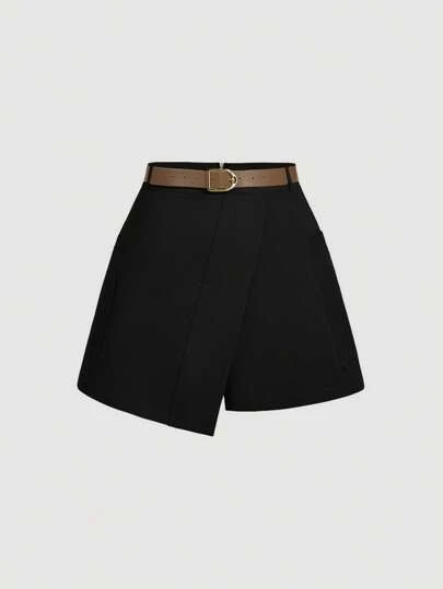 SHEIN MOD 加大码优雅黑色短裤，配有前肩带和腰带，秋冬短裤，外出短裤，复古短裤，节日短裤女裙短装裙子配短裤短裤装女黑裙配短裤