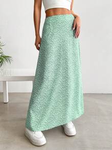 SHEIN EZwear 女士碎花喇叭裙，度假和休闲装 - 綠色 - 查看 5