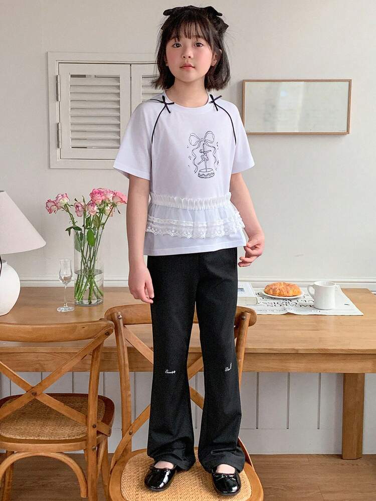 Tween Girls 2pcs Set: Bow Printed T-Shirt And Casual Pants