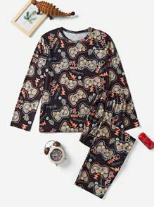 2 件牛奶丝印花舒适长袖套头衫和长裤睡衣套装，适合青少年男孩 - 黑色 - 查看 1