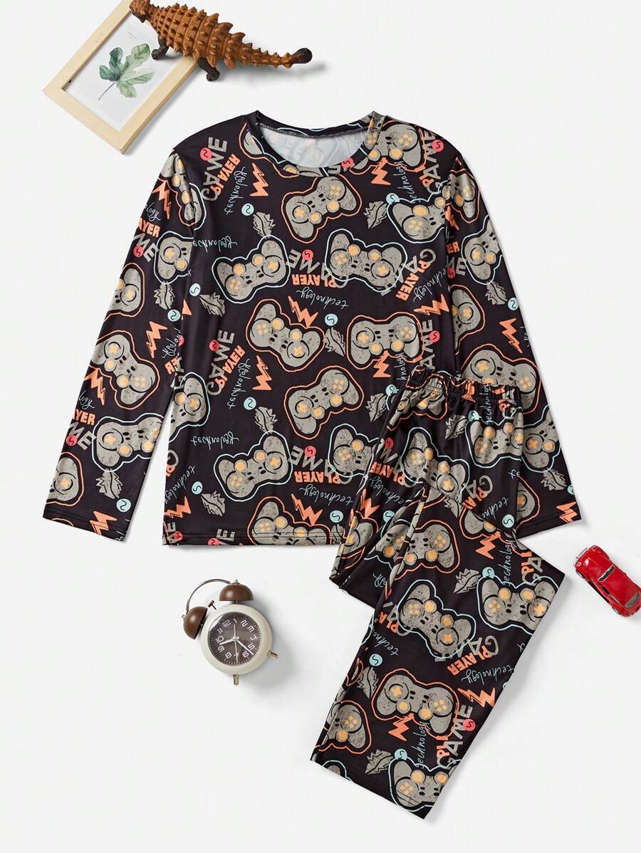 2 件牛奶丝印花舒适长袖套头衫和长裤睡衣套装，适合青少年男孩 - 黑色 - 查看 1