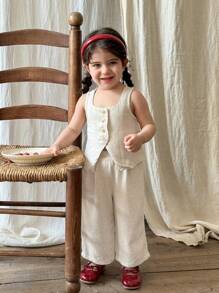 LMoss Kids LMoss 2pcs Baby Girl Set:Beige Summer Modest Cocktail Woven Solid Square Neck Top + Loose Casual Long Pants Sisters Cute Matching Outfit For Girls - White - View 7
