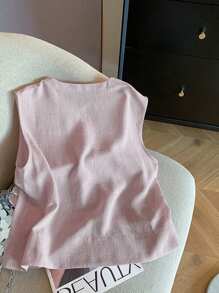 INAWLY 女士纯色圆领单扣无袖休闲衬衫 - 淺粉色 - 查看 2