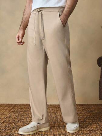 Manfinity ModaGents Pantalones largos cómodos y delgados de mezcla de bambú con cordón para hombre, ideales para uso casual, al aire libre, ir al trabajo y vacaciones, en color caqui oscuro