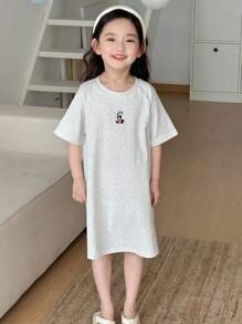 Dazy Kids Bộ đồ ngủ dệt kim cổ tròn tay ngắn thêu hình chú gấu dễ thương cho bé gái, mùa hè - Xám - Xem 6
