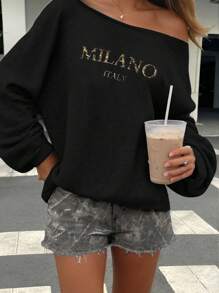 SHEIN EZwear Áo nỉ dài tay in chữ đơn giản, rộng rãi, thoải mái, cỡ lớn cho nữ - màu đen - Xem 5