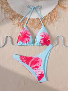 Swim Mod Conjunto de bikini para mujer con top halter de espalda descubierta y shorts con estampado lindo, ideal para vacaciones de primavera