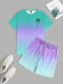 Manfinity RSRT 男士棕榈树印花圆领短袖 T 恤和抽绳腰短裤套装，休闲舒适服装