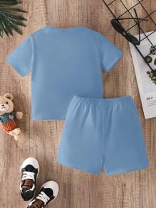 SHEIN Conjunto informal de 2 piezas de niño bebé con cuello redondo y manga corta, shorts, adecuado para el verano