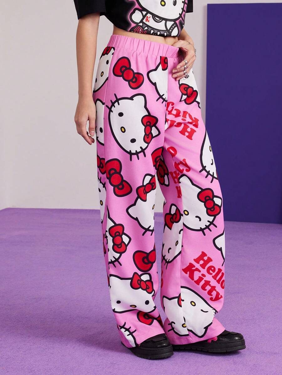 HELLO KITTY AND FRIENDS | SHEIN Spodnie Streetwear Y2K Style Pink Cartoon Print Casual Long Pants, Lato - Różowy - Zobacz 1