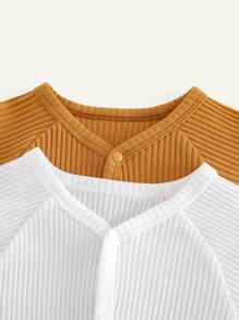 Cozy Pixies 新生儿 7 件套针织纯色柔软圆领长袖上衣、松紧腰裤、帽子、围兜 - 彩色 - 查看 3