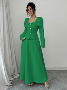 Elenzga Women's Elegant Commuter Solid Color Jacket And Extra-Long A-Line Skirt 2 Pieces Set Fall Cloth For Women - Green - View 3