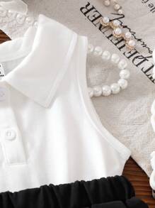 SHEIN Baby Girls Summer Korean Version Casual Cute Collared White Knit Top And Black Woven Printed Pleated Skirt Set - Black and White - View 3