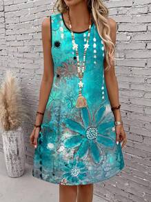 SHEIN LUNE Vestido de verano casual con estampado de pintura al óleo de flores talla grande, vestido de mujer con estampado de flores - Multicolor - Ver 3