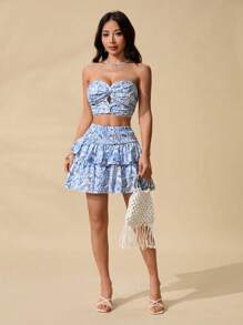 SHEIN PETITE 2pcs/Set Women's Floral Print Bralet And Short Skirt Set, Fashionable Holiday Outfit