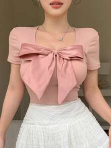 DAZY Áo thun ngắn tay ôm dáng cổ vuông, đính nơ, gợi cảm dành cho nữ, thích hợp cho mùa hè, ngày Valentine. - Hồng - Xem 3