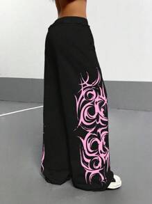 StreetHx 女式休闲宽松直筒运动裤，带有复古哥特式涂鸦花卉印花，灰色 - 黑色 - 查看 2