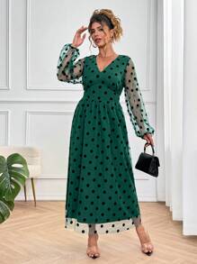 SHEIN Clasi Vestido maxi con mangas linterna, estampado de lunares y malla para mujer de talla grande