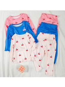 6 Stücke/Set Baby Mädchen Lässig Kirsche Muster Langarm Top und Hose bequemer Heim Outfit Set - Verschiedenfarbig - Übersicht 3