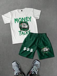 Manfinity EMRG Men's Letter & Lip Print Casual Round Neck Short Sleeve T-Shirt And Drawstring Waist Shorts Set - Multicolor - View 1