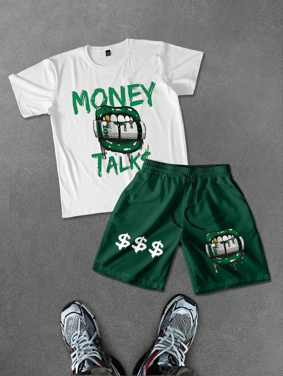 Manfinity EMRG Men's Letter & Lip Print Casual Round Neck Short Sleeve T-Shirt And Drawstring Waist Shorts Set - Multicolor - View 1