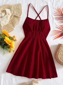 Soleia Sexy Red Cross Strap Backless Camisole Mini Dress - Burgundy - View 5