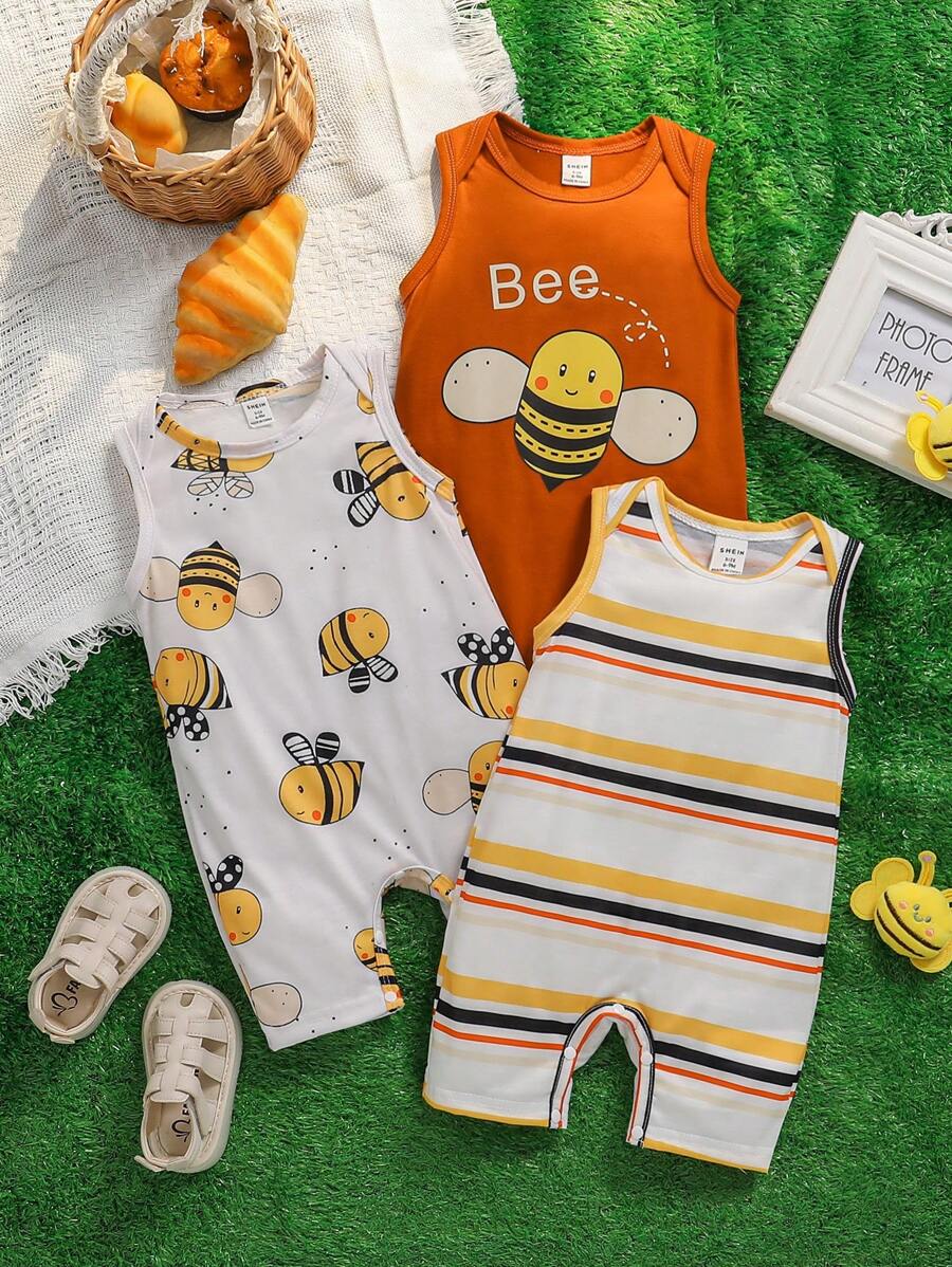 3 件套男婴蜜蜂条纹无袖连体衣和短裤套装,可爱卡通,婴幼儿男孩服装,儿童服装,舒适,适合夏季,3M-24M 婴儿蜜蜂服装,优质婴儿服装,婴儿中性服装,婴儿服装,新生儿中性服装 - 彩色 - 查看 1