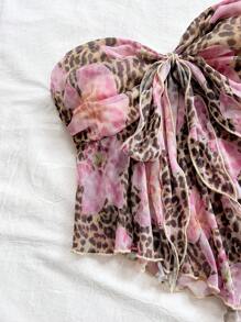 Soleia Crop top da donna con stampa leopardata e floreale, senza spalline, arricciato, con laccio sulla parte anteriore e volant sul fondo, ideale per feste, appuntamenti, tè del pomeriggio, viaggi in città e spiaggia