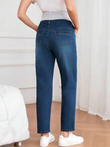 SHEIN Maternity Casual Washed Color Block High Waist Denim Jeans - Dark Wash - View 2