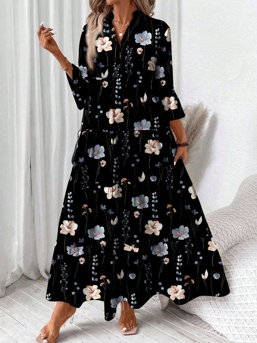 SHEIN LUNE Women Casual Floral Print V-Neck Ruched Long Sleeve Dress, Suitable For Spring/Summer,Bohemia Autumn Boho Chic Dress - Multicolor - View 1