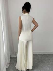 Elenzga Tailored Jacket With Cinched Waist And Pleated Wide Leg Design Suit Set - Apricot - View 2