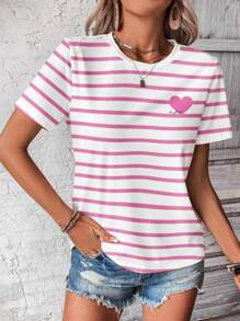 SHEIN LUNE Casual Minimalist Pink Striped Heart Pattern Round Neck Short Sleeve Loose Women T-Shirt, Suitable For Summer