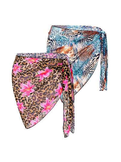 SHEIN Swim Curve Plus Size Women Leopard Print Drawstring Cover Up Skirt For Summer Beach Vacation