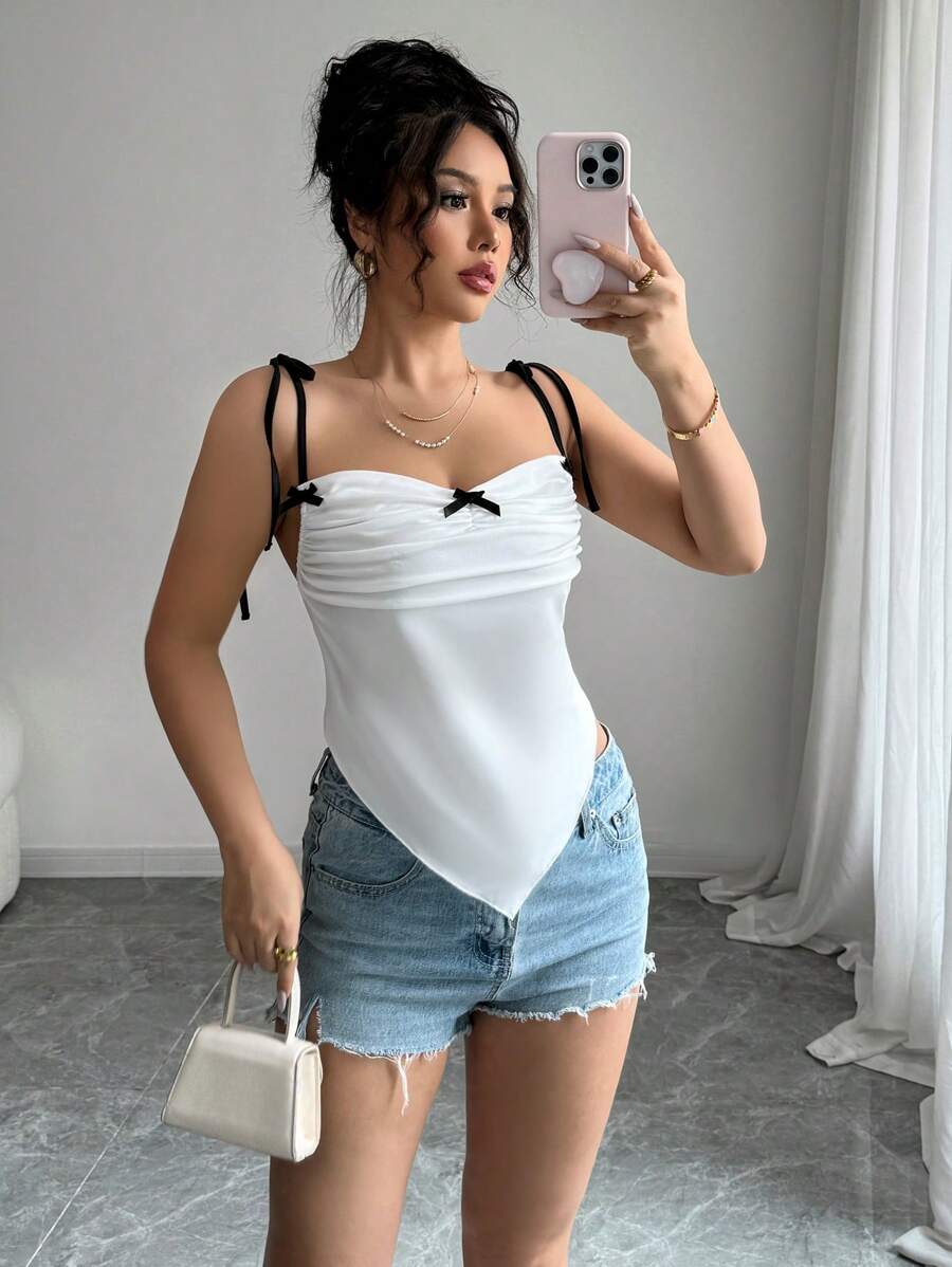 Chiquease 女士可爱不对称下摆蝴蝶结芭蕾风格白色吊带背心，夏季