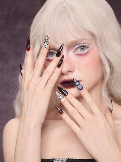 Grunge Punk 10pcs Star & Bow DIY Artificial Nail Tips + 3pcs Double-Sided Adhesive, Removable Rhinestone Nail Art Stickers, High Quality Blue & Black Ombre Colorful Nail Decals, Suitable For Holidays, Party, Dance And Daily Wear