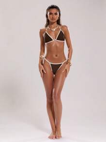 SHEIN BAE Women's Solid Color Halter Tie Sexy Bikini Swimsuit Set, Summer Beach - Brown - View 3