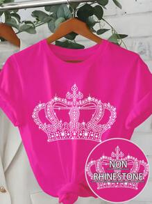 Maweii Plus Size Women Rhinestone Crown Print Round Neck Short Sleeve Casual T-Shirt
