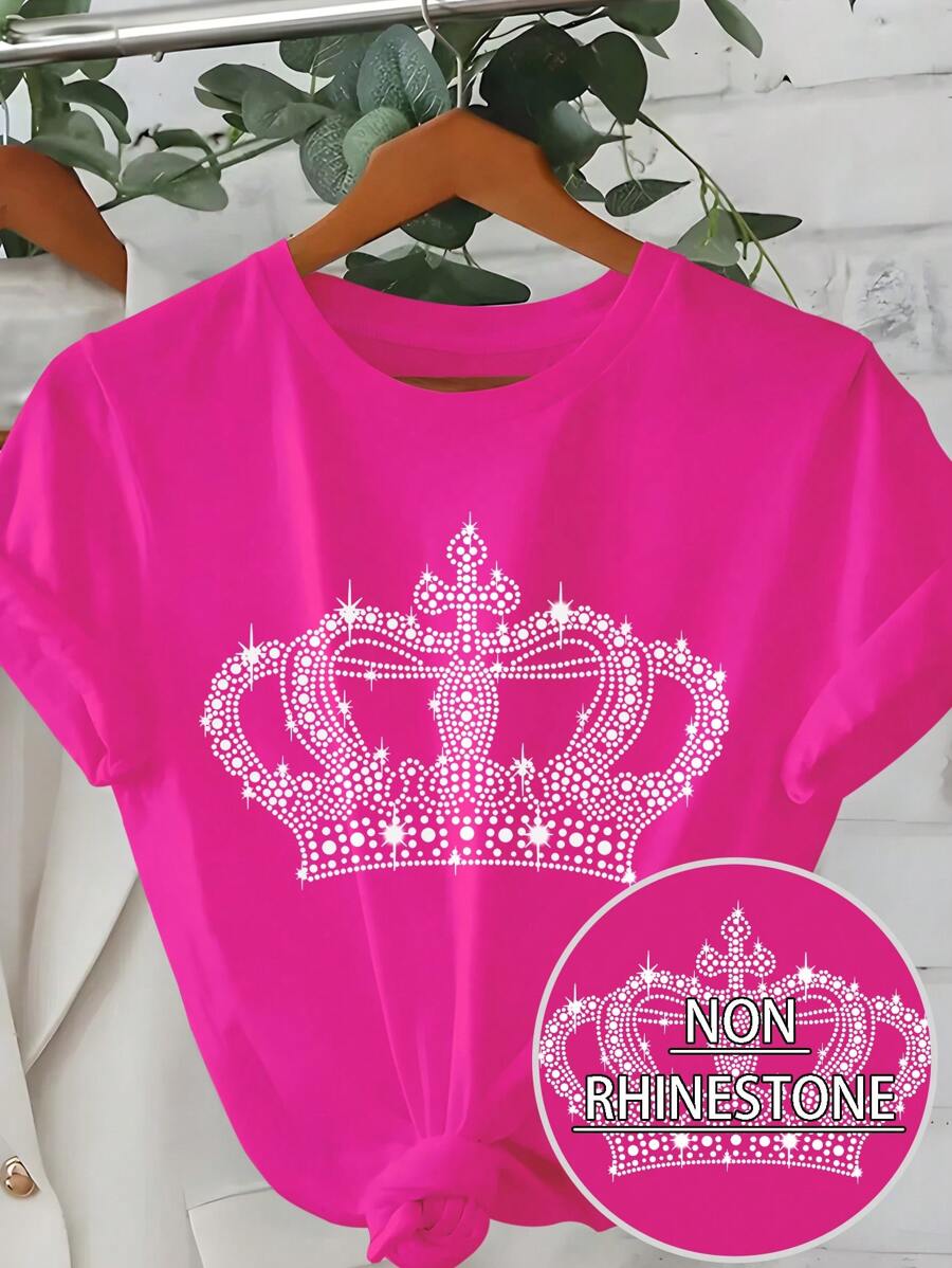 Maweii Plus Size Women Rhinestone Crown Print Round Neck Short Sleeve Casual T-Shirt