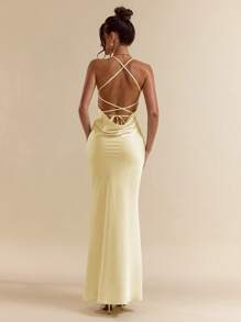 SHEIN BAE 杏色和白色深 V 领细肩带露背连衣裙，优雅连衣裙，适合度假、伴娘、生日派对、毕业典礼、婚礼 - 白色连衣裙 - 黃色 - 查看 4