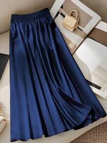 SHEIN Clasi 女士纯色简约 A 字裙，适合夏季 - 藏蓝色 - 查看 2