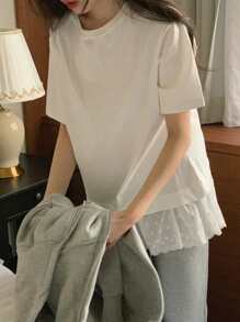 DAZY T-shirt casual da ragazza con scollo tondo, maniche corte, dettagli in pizzo a contrasto, con volant