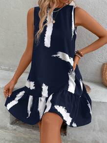 SHEIN Frenchy 度假休闲拼色花卉印花荷叶边下摆连衣裙 - 藏蓝色 - 查看 5