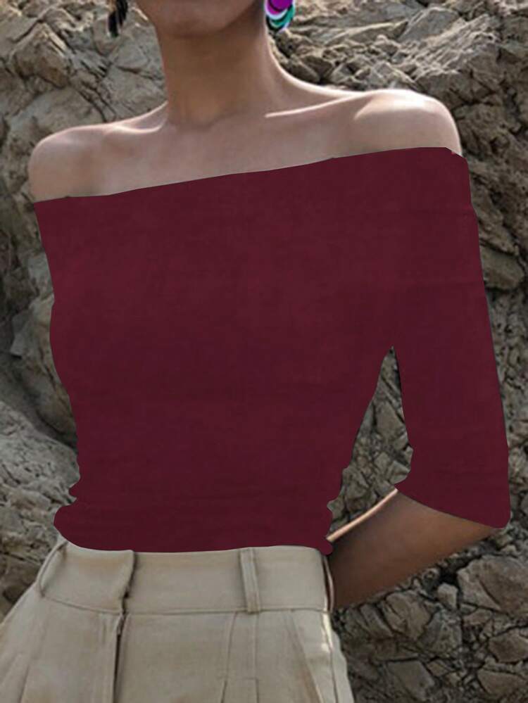 Women's Solid Color Off Shoulder Fitted Short Sleeve T-Shirt, Solid Color, Spring/Summer