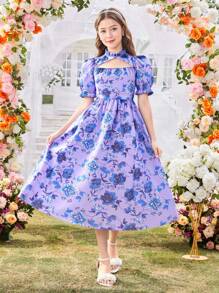 SHEIN Vestido roxo com estampa de organza e gola bufante, manga curta, para meninas adolescentes, 1 peça, feminino e elegante, primavera/verão, férias, verão, viagem - Azul - Ver 1
