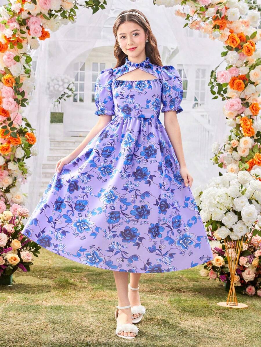 SHEIN Vestido roxo com estampa de organza e gola bufante, manga curta, para meninas adolescentes, 1 peça, feminino e elegante, primavera/verão, férias, verão, viagem - Azul - Ver 1
