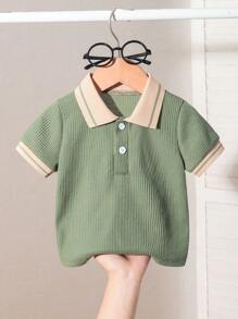 SHEIN Vintaside Kids Baby Boy Classic Green Waffle Fabric Apricot Polo Shirt, White Contrast Buttons Half Placket Short Sleeve Casual Top, Summer Streetwear Activewear For School, Holiday, Outdoor Retro Vintage, Baby Boy Clothes, Polo  Boy For Baby Baby Boy Polo Shirt,Toddler Button Up Boy Baby Clothes Toddler Clothes Retro Baby Boy Clothes,6M-3T