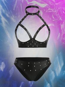 AltCore 2 piezas Conjunto de lencería sexy para mujer, top halter y tanga, estilo punk, cautivador